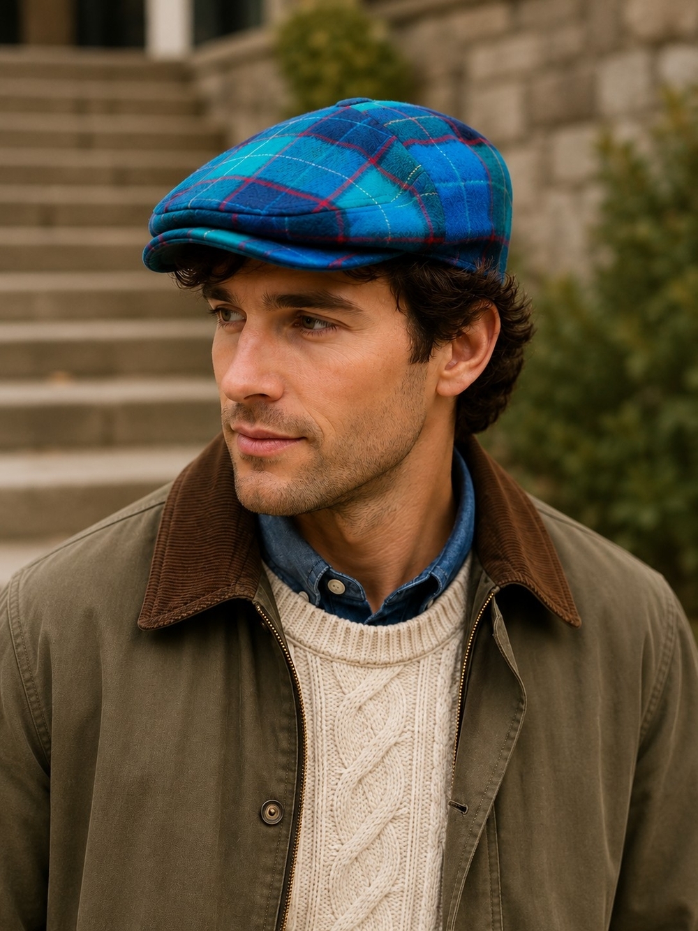 Vintage Pendleton Wool Newsboy Cabbie Cap XL Blue Teal Plaid USA